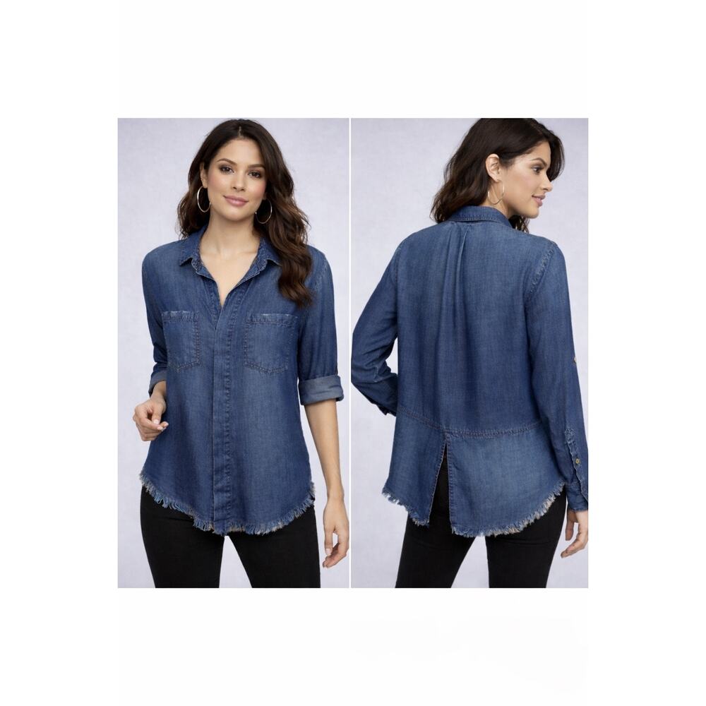Anthropologie cloth & stone chambray high-low top with distressed hem. Women S